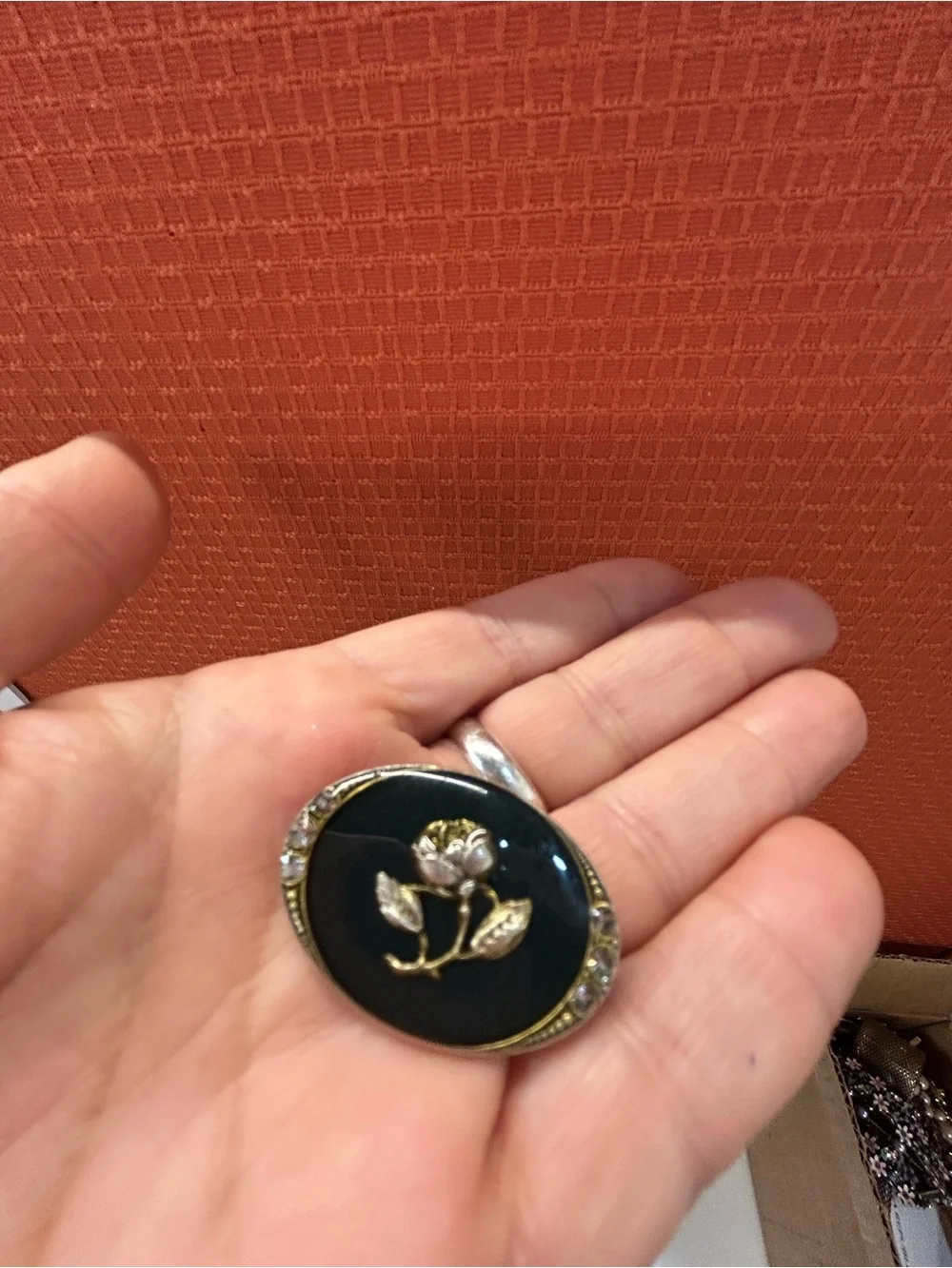 Catherine Popesco Gold Rose Oval Green Enamel Brooch with Rhinestones